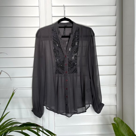 Kay Celine Dark Grey Sheer Silk Sequin Blouse - Picture 2 of 8